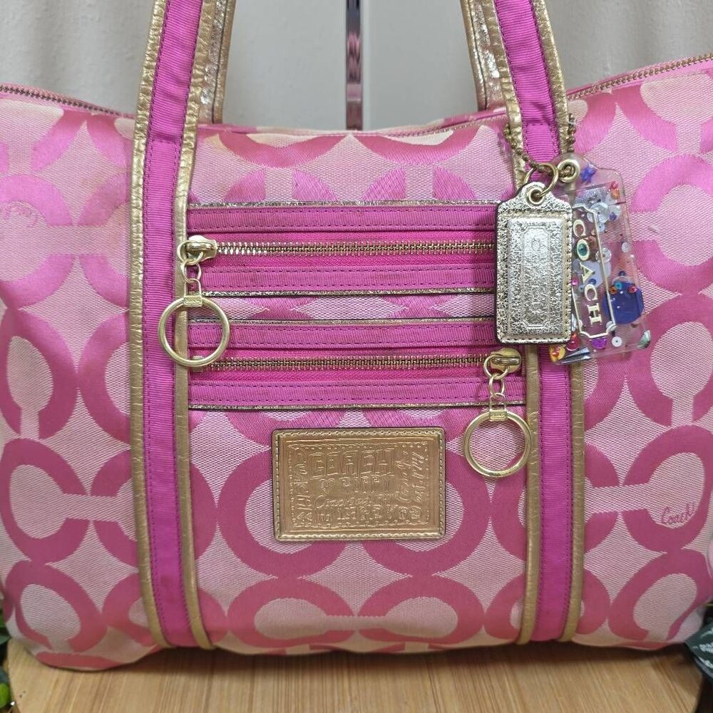 Coach RARE Poppy Pink/Gold OP Art Glam Tote Bag - Picture 2 of 15